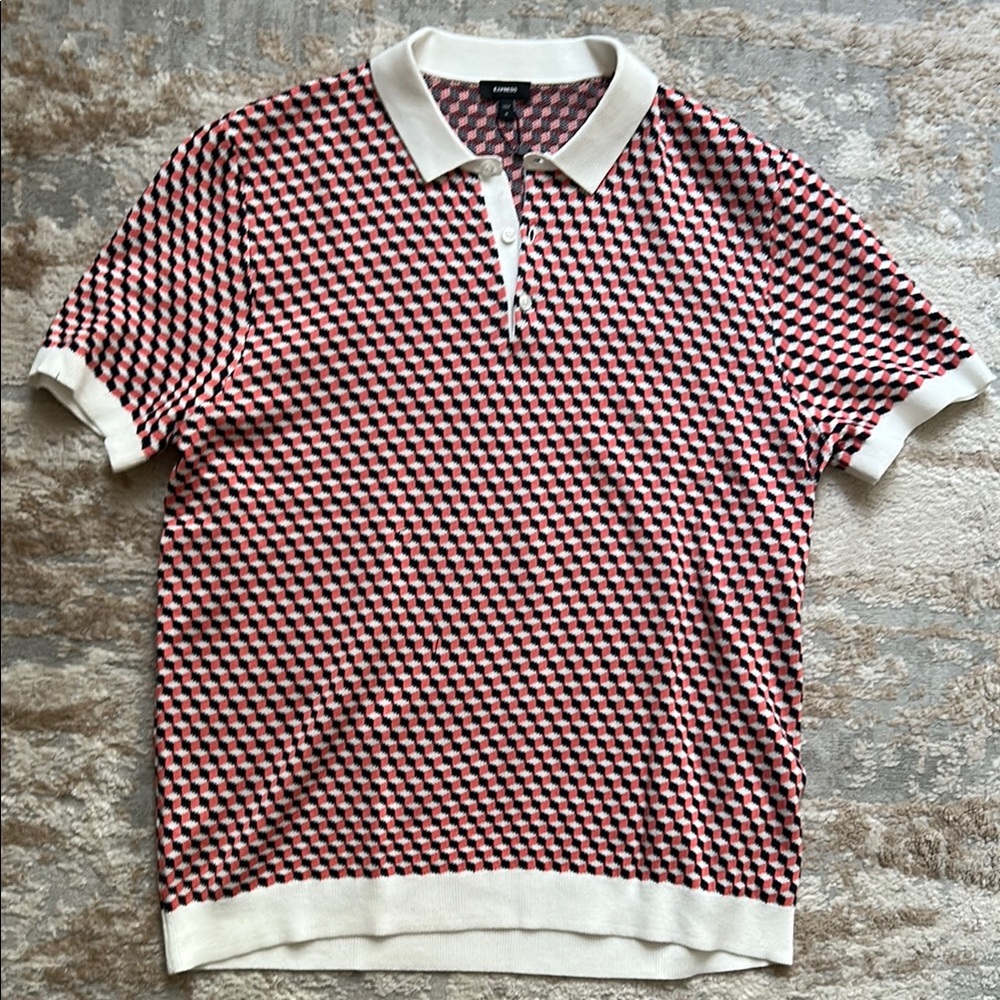 Men's Express Pink/White/Navy Blue Cube Patterned Sweater Polo - Size XL